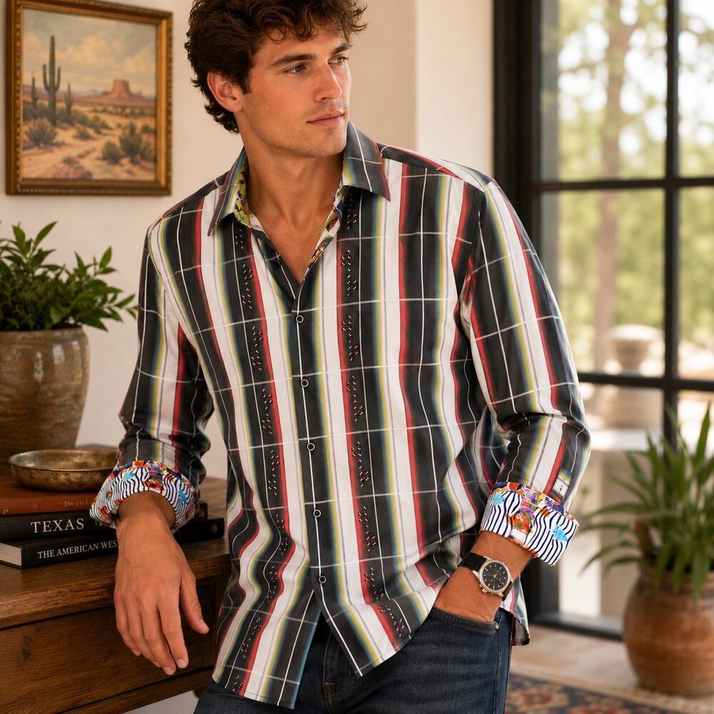 Robert Graham Shirt L Stripes Button Up Flip Cuff Eclectic Statement Resort AOP
